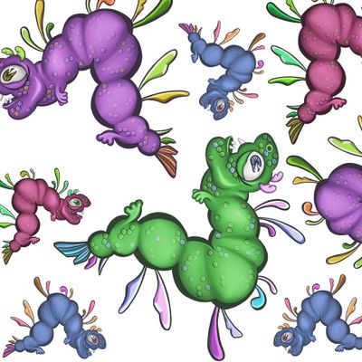 Smiling caterpillar runs to a cup of coffee