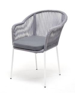 "Лион" стул плетеный из роупа, каркас из стали белый муар, роуп светло-серый круглый, ткань светло-серая