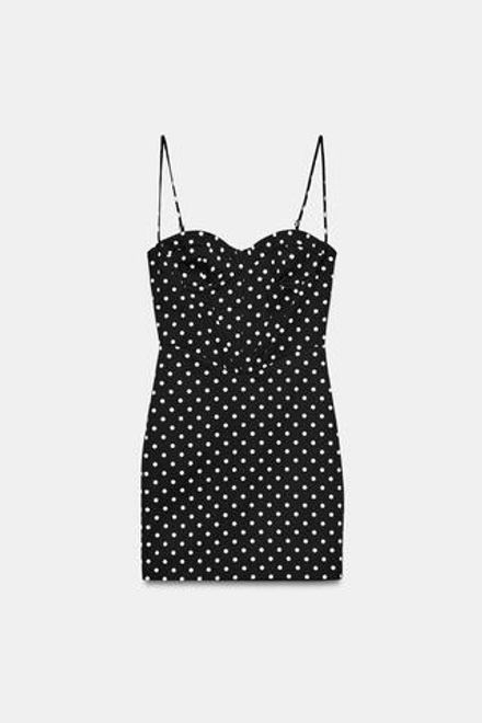 ZARA МИНИ-ПЛАТЬЕ В ГОРОШЕК НА БРЕТЕЛЯХ, ЧЕРНЫЙ/БЕЛЫЙ