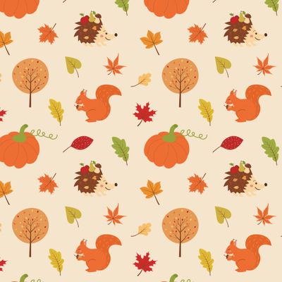 Осенний узор с белкой, ежиком, тыквой, деревом и листьями