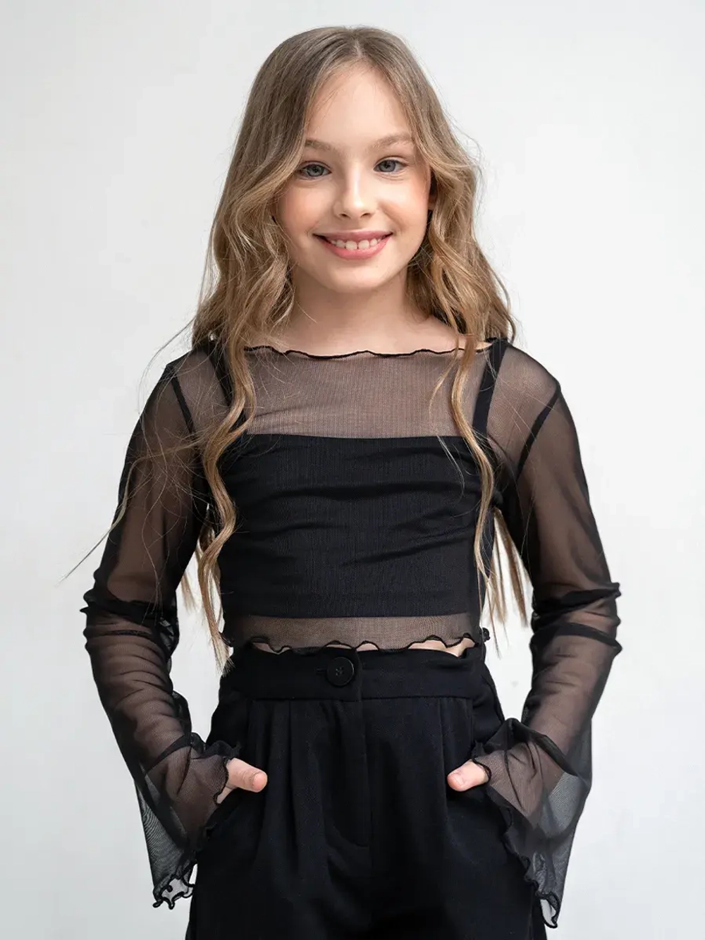 Лонгслив для девочки прозрачный укороченный и топ