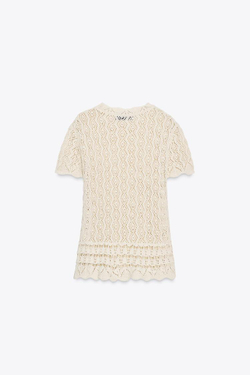 ZARA ТОП ИЗ АЖУРНОГО ТРИКОТАЖА С КОРОТКИМИ РУКАВАМИ, ЭКРЮ