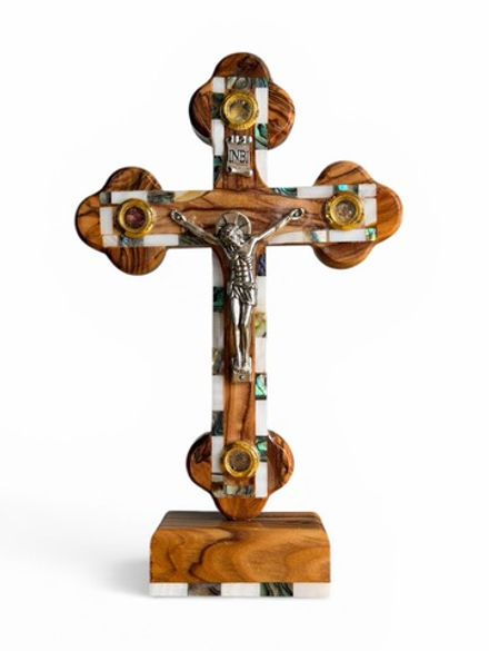 Крест распятие из оливы с перламутром на подставке