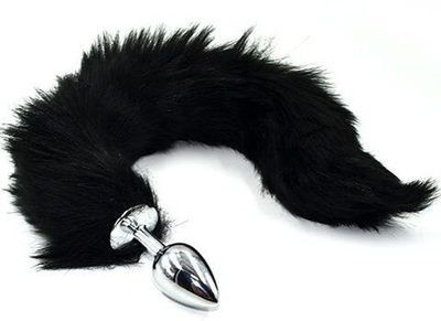 Серебристая анальная пробка из нержавеющей стали с черным гибким хвостом (Цвет: черный)