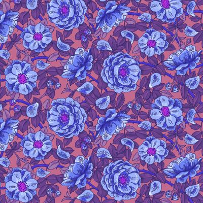 Цветущий шиповник ночью, синие цветы на пурпурном фоне