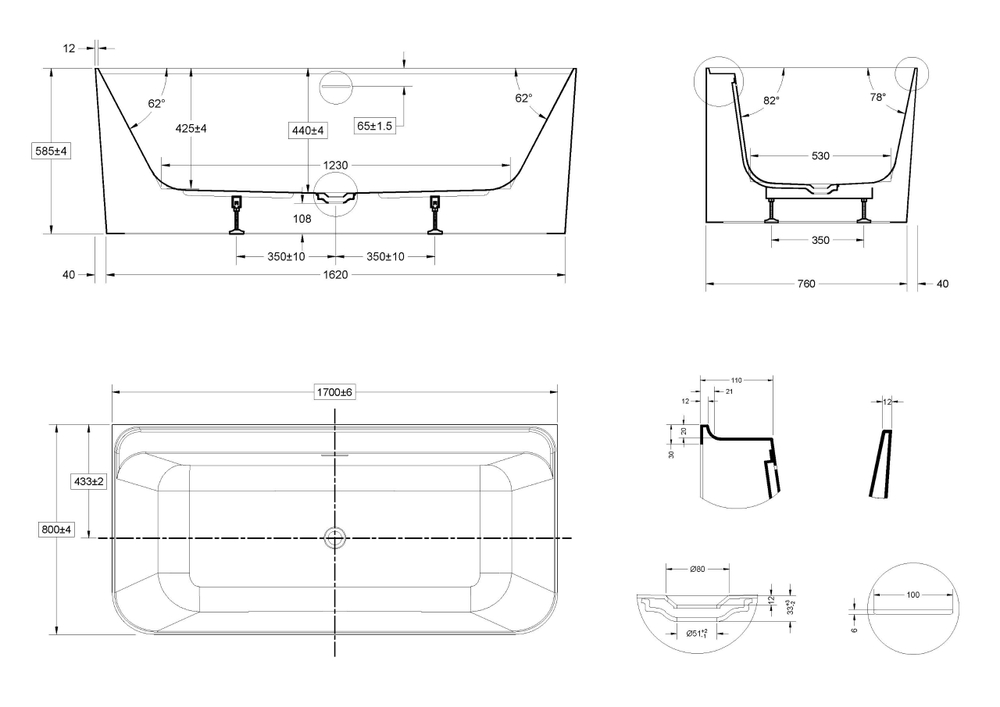 Ванна акриловая Vincea VBT-702-1700, 1700*800*585, цвет белый, щелевой перелив, слив белый