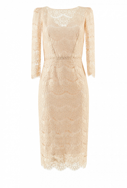Кружевное платье-футляр с рукавом 3/4 бежевое 12-03-20 SS