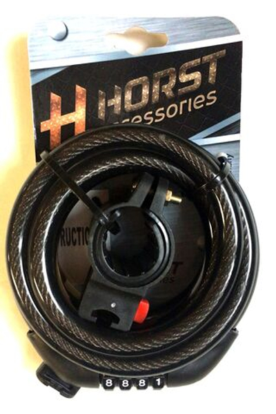 Замок 09-100192 вело кодовый (4 разряда) 12х1500мм с креплением на раму, черный HORST