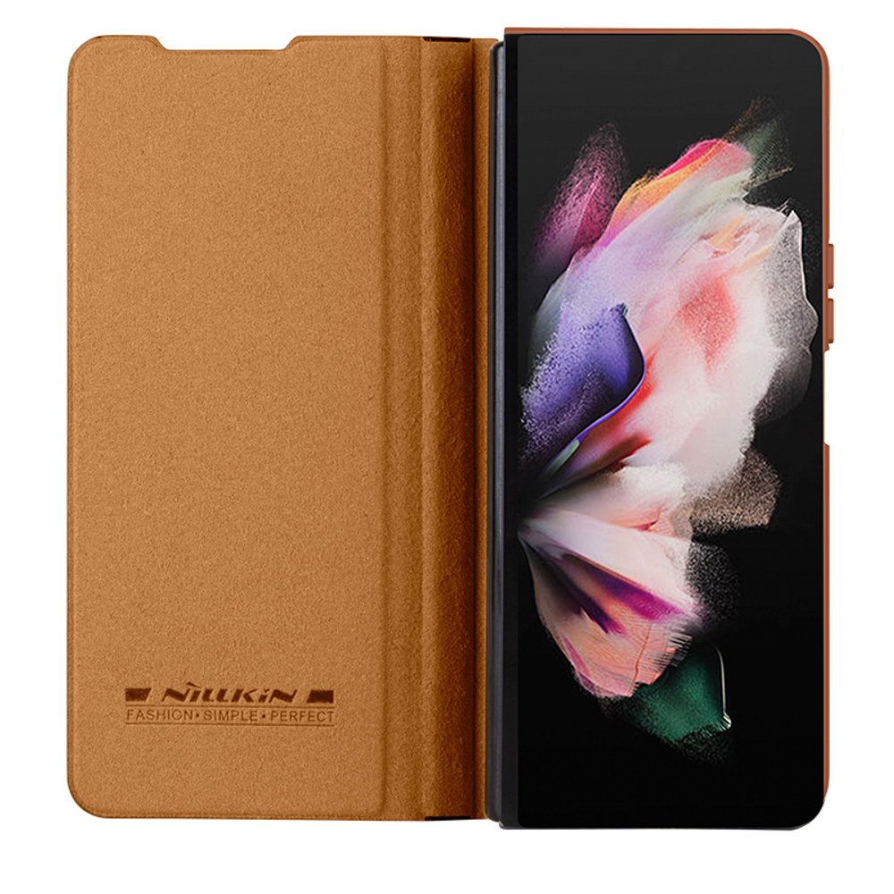 Кожаный чехол коричневого цвета от Nillkin для Samsung Galaxy Z Fold 4 5G, с держателем для S Pen, серия Qin Pro Leather с защитной шторкой для камеры