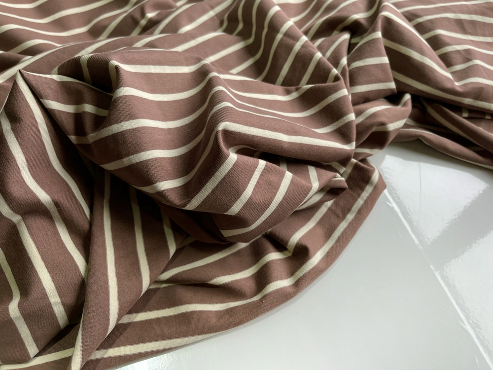 ПОЛОСКИ НА КОФЕЙНОМ - Кулирка с лайкрой, компакт пенье (КРВ704 Олеся)