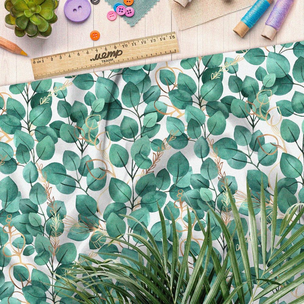 Ткань шелк Армани листья бирюзовые