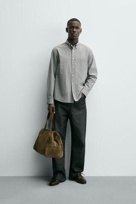 ZARA РУБАШКА ИЗ МЯГКОГО ХЛОПКА, СЕРЫЙ/СИНИЙ