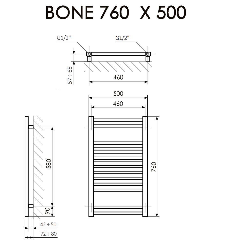 Полотенцесушитель Terma BONE 760/500 RAL 9005 черный матовый, (1 шт)