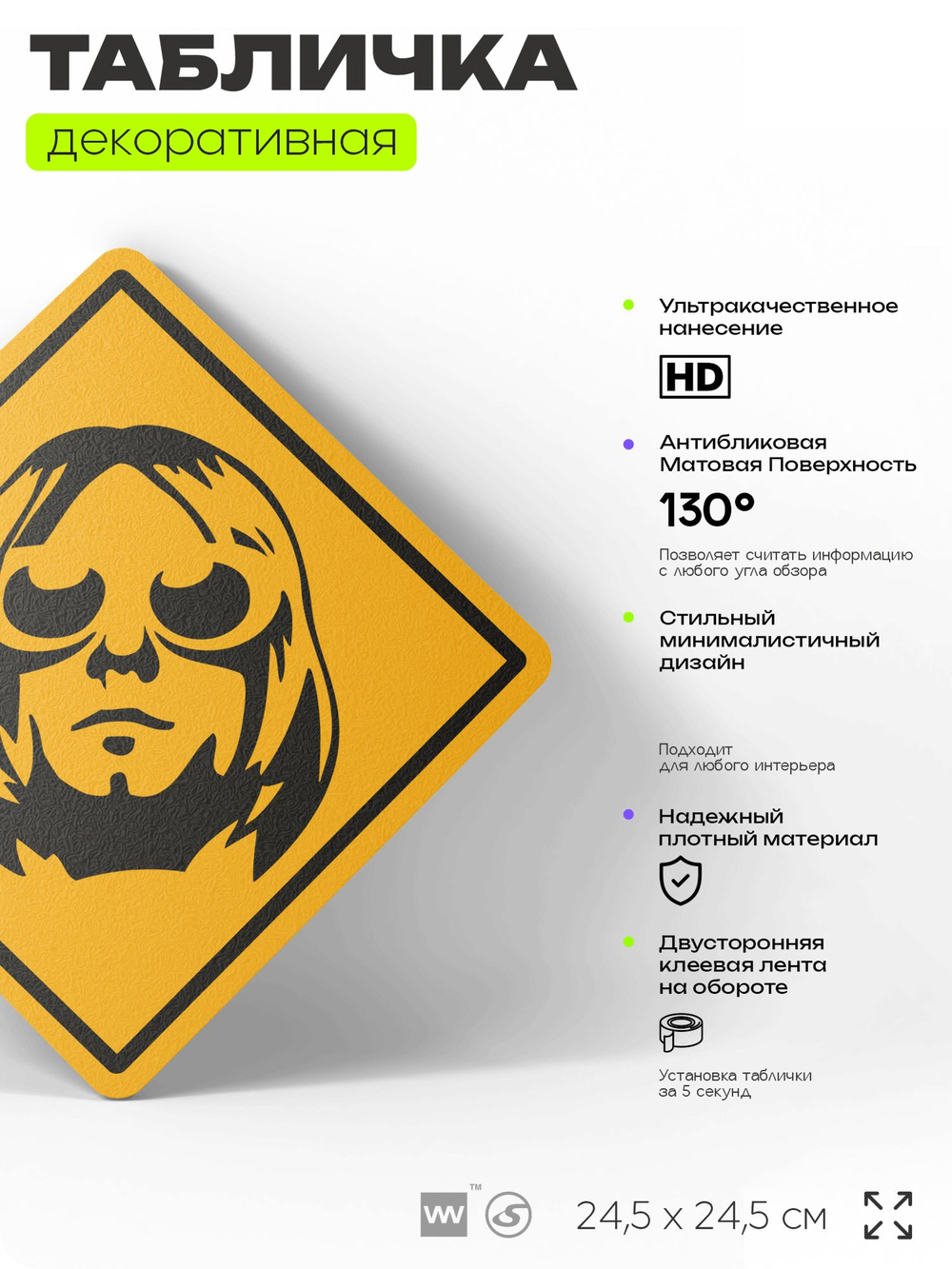 Табличка декоративная "Курт Кобейн, Kurt Cobain, Nirvana" на дверь и стену, прикольная штука в подарок, декоративный знак, 24,5х24,5 см, пластиковая, Айдентика Технолоджи