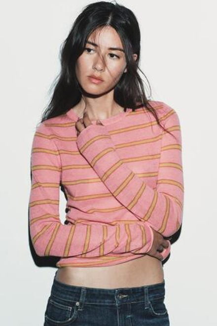 ZARA ДЖЕМПЕР ИЗ ШЕРСТИ В ПОЛОСКУ, РОЗОВЫЙ