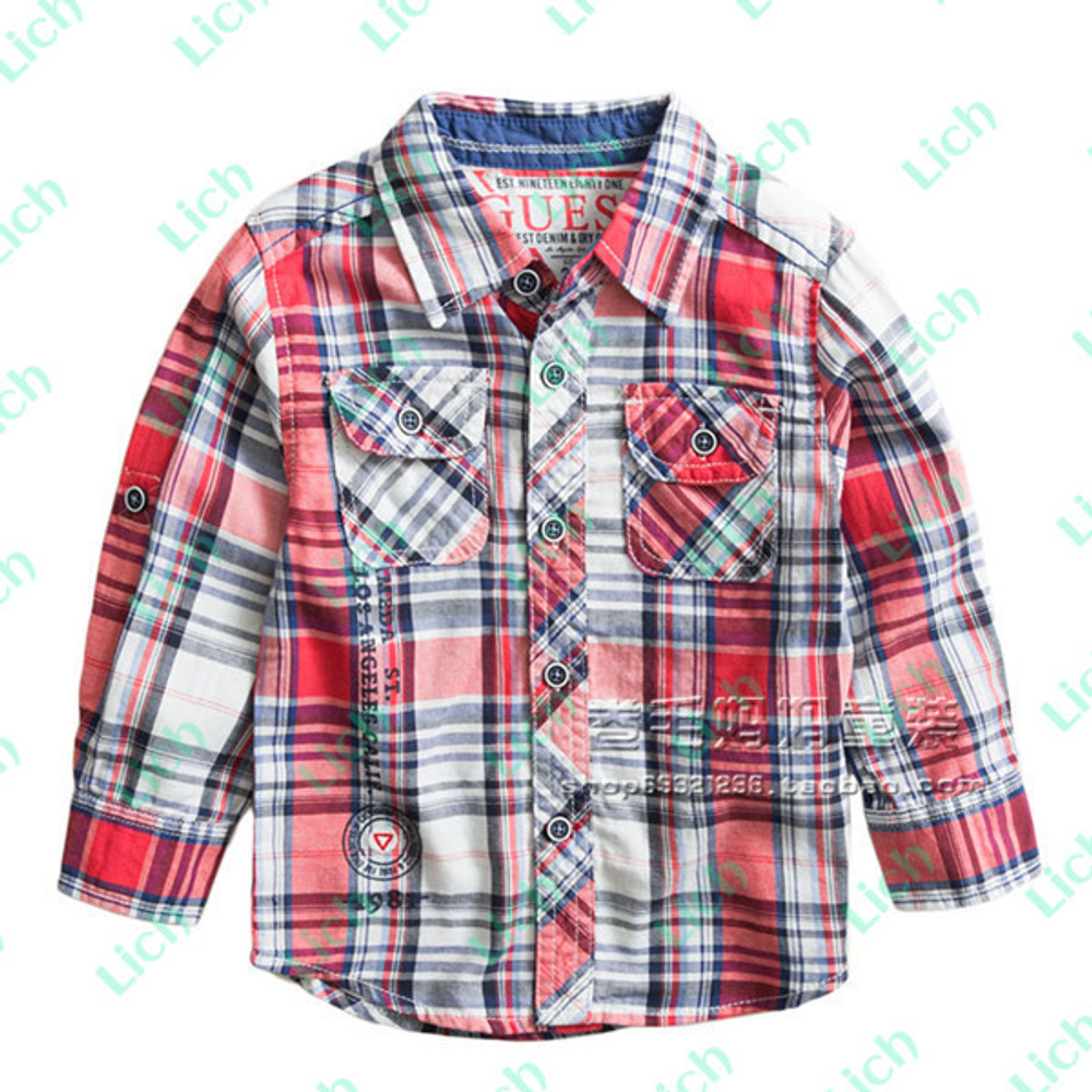 Рубашка детская в многоцветную клетку с накладными карманами