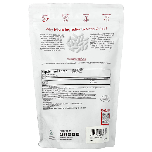 Micro Ingredients, усилитель оксида азота, максимальная сила действия, 240 таблеток, разделенных на части