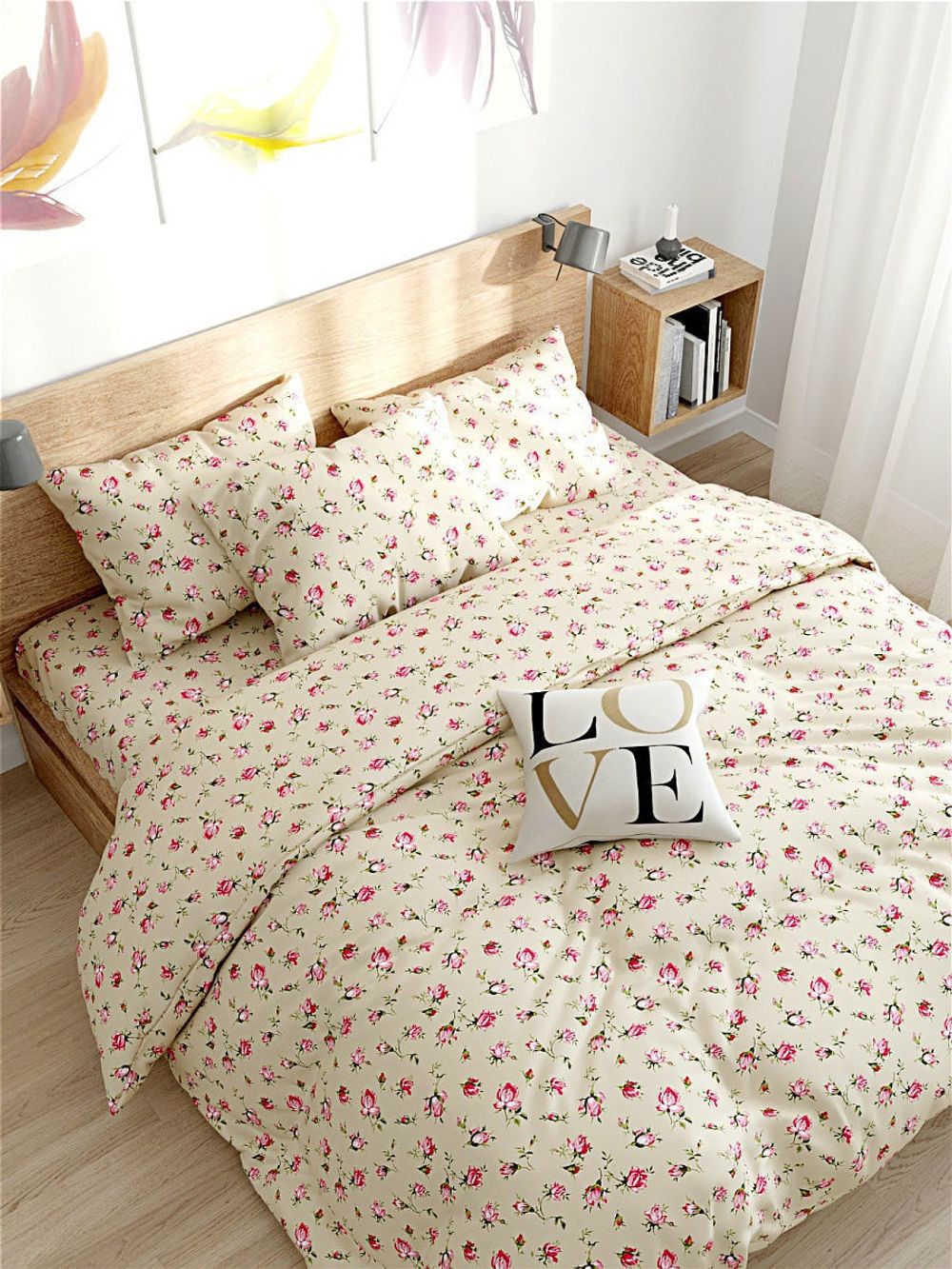 Простынь Сказка "Розовые бутоны на бежевом" 150х215 см, перкаль