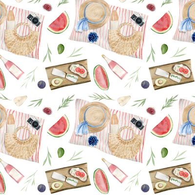 Пикник на пляже. Акварельный летний пляжный паттерн на белом фоне