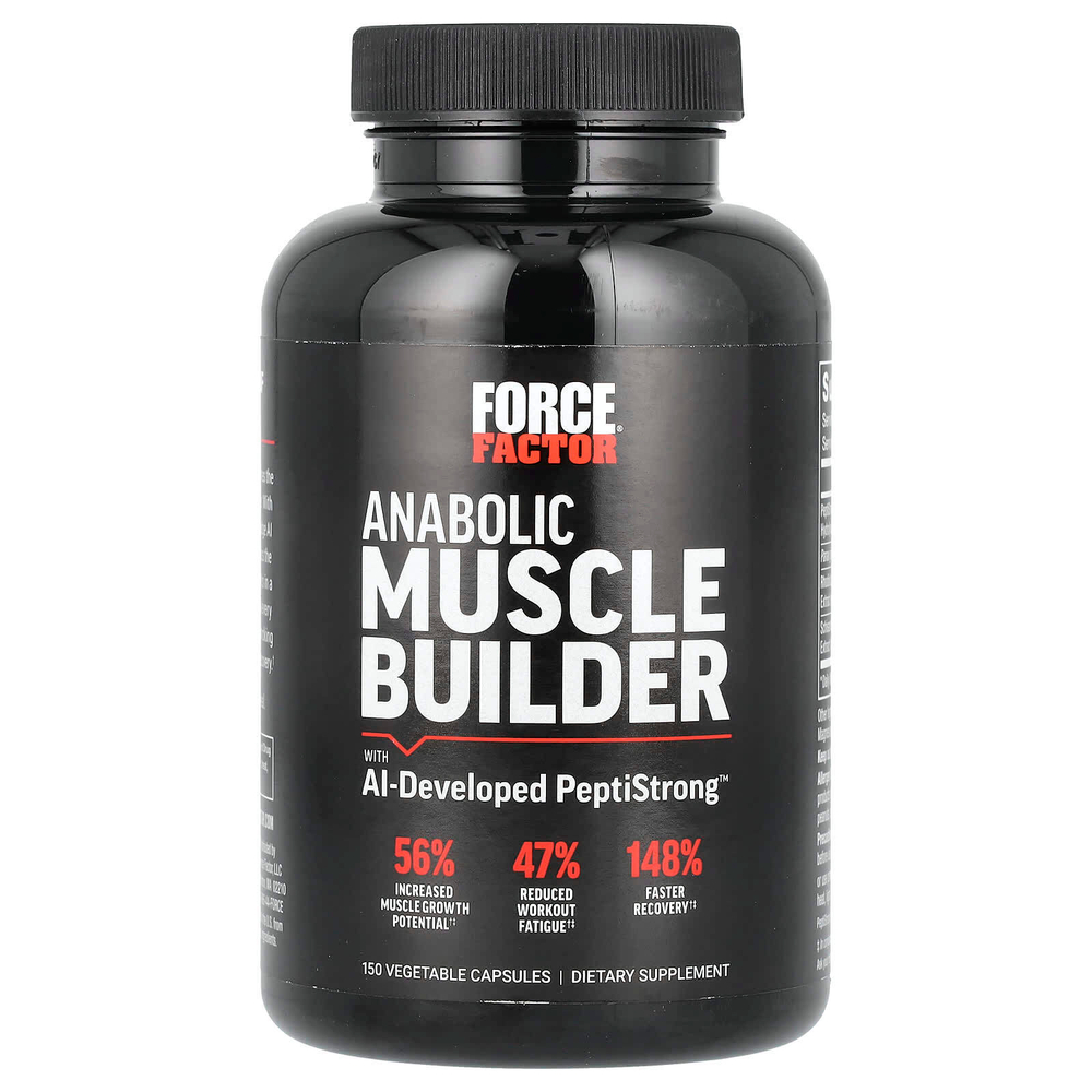 Force Factor, средство для наращивания мышечной массы с разработанным искусственным интеллектом PeptiStrong, 150 растительных капсул
