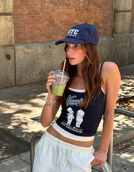 BERSHKA Топ с принтом Kewpie, темно-синий