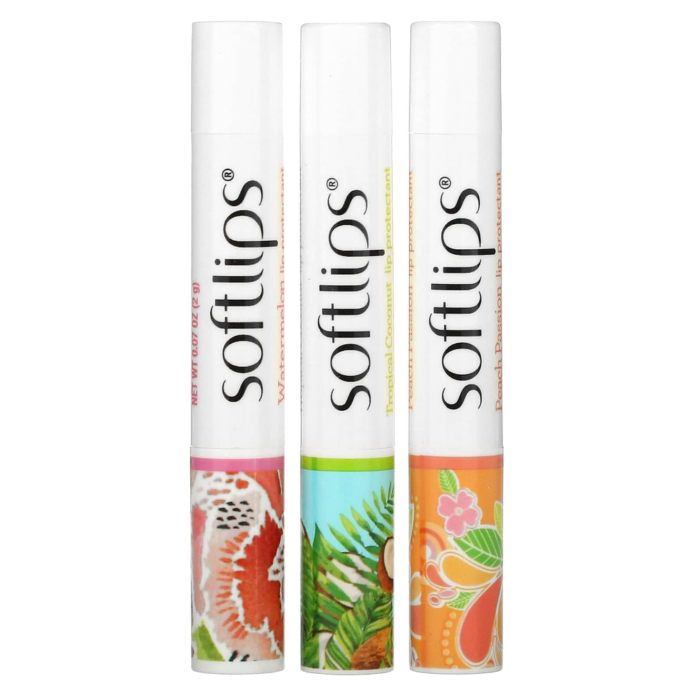 Softlips, Средство для губ, арбуз, тропический кокос, персиковая страсть, 3 пакетика по 2 г (0,07 унции)