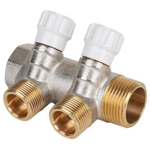 Коллектор латунный никелированный DN25, 2 выхода G 3/4 с вентилями, под евроконус, MVI MM.402.0605