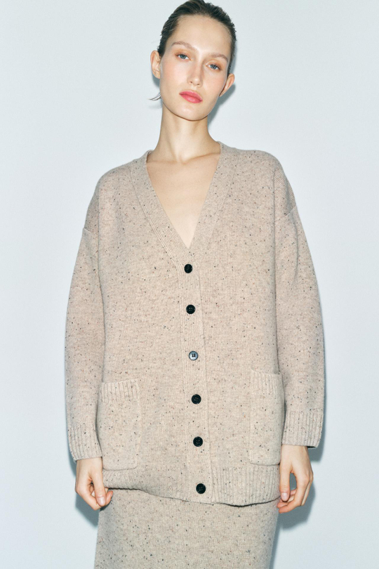 ZARA КАРДИГАН ОВЕРСАЙЗ ИЗ 100% ШЕРСТИ, БЕЖЕВЫЙ