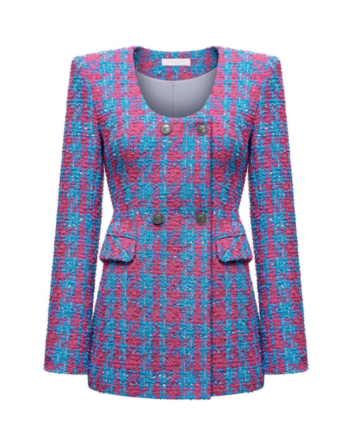 Жакет миди приталенный из твида, голубо-розовый