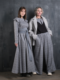 Платье с кушаком /серо-голубая клетка