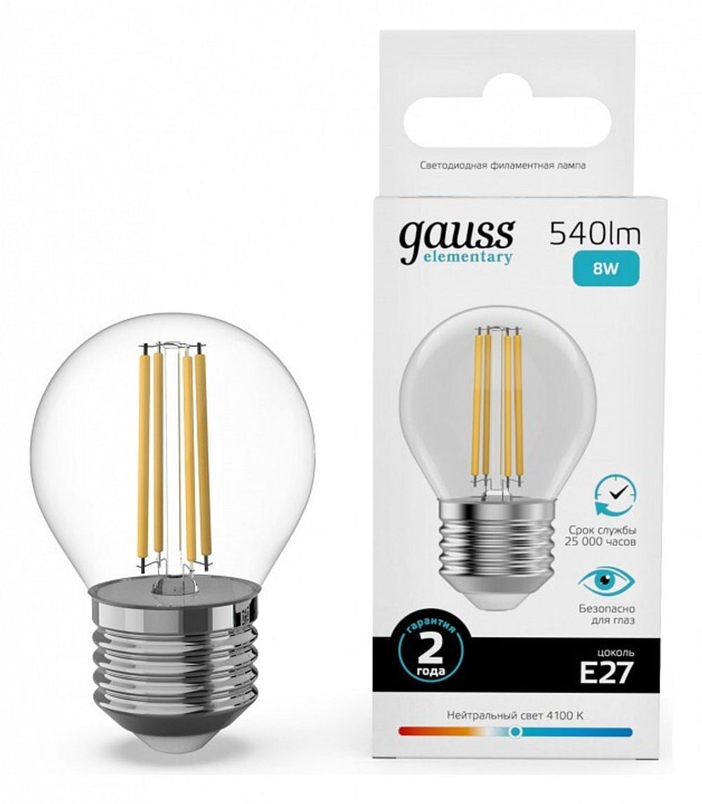 Лампа светодиодная Gauss Filament Elementary E27 8Вт 4100K 52228