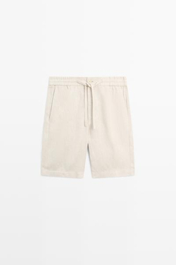 ZARA Льняные шорты-бермуды с эластичным поясом, кремовый