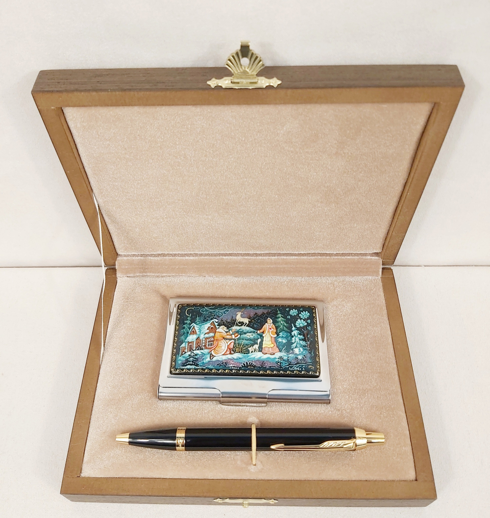 Набор "Серебряное копытце" визитница персональная с ручной росписью Палех и авторучка Parker