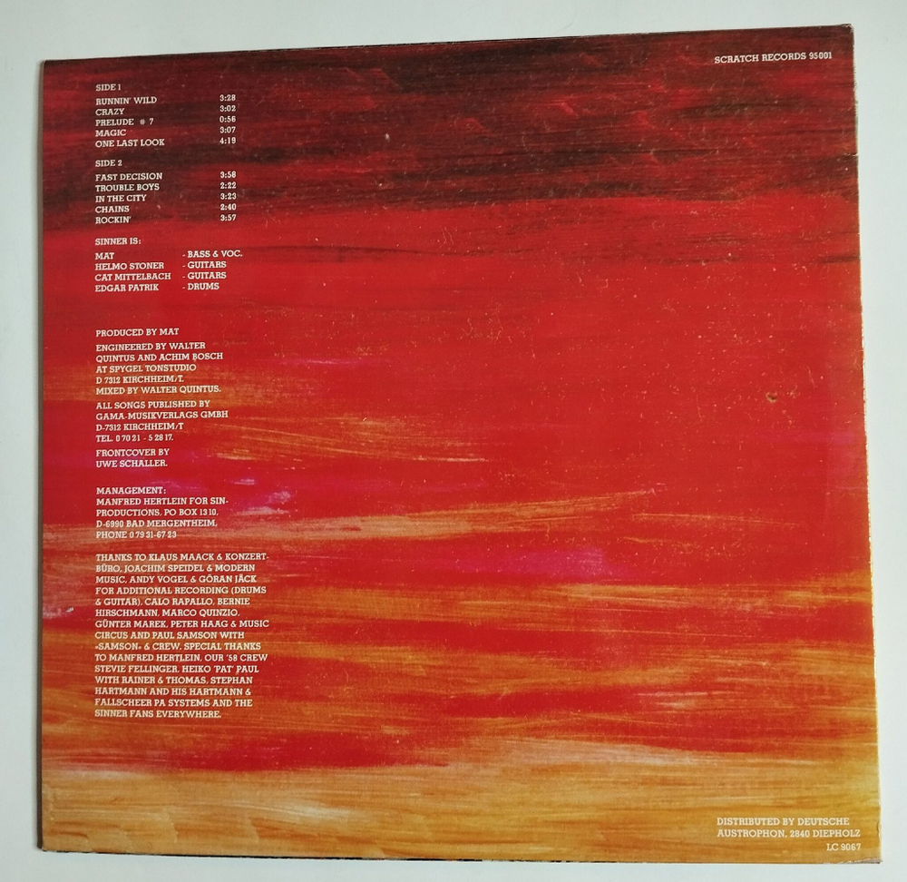 Винтажная виниловая пластинка LP Sinner Fast Decision (Germany 1983)