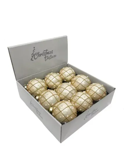 Набор винтажных стеклянных шаров Благородная нежность 80 мм., бежевый с золотом, 9 шт., Christmas DeLuxe (13136)