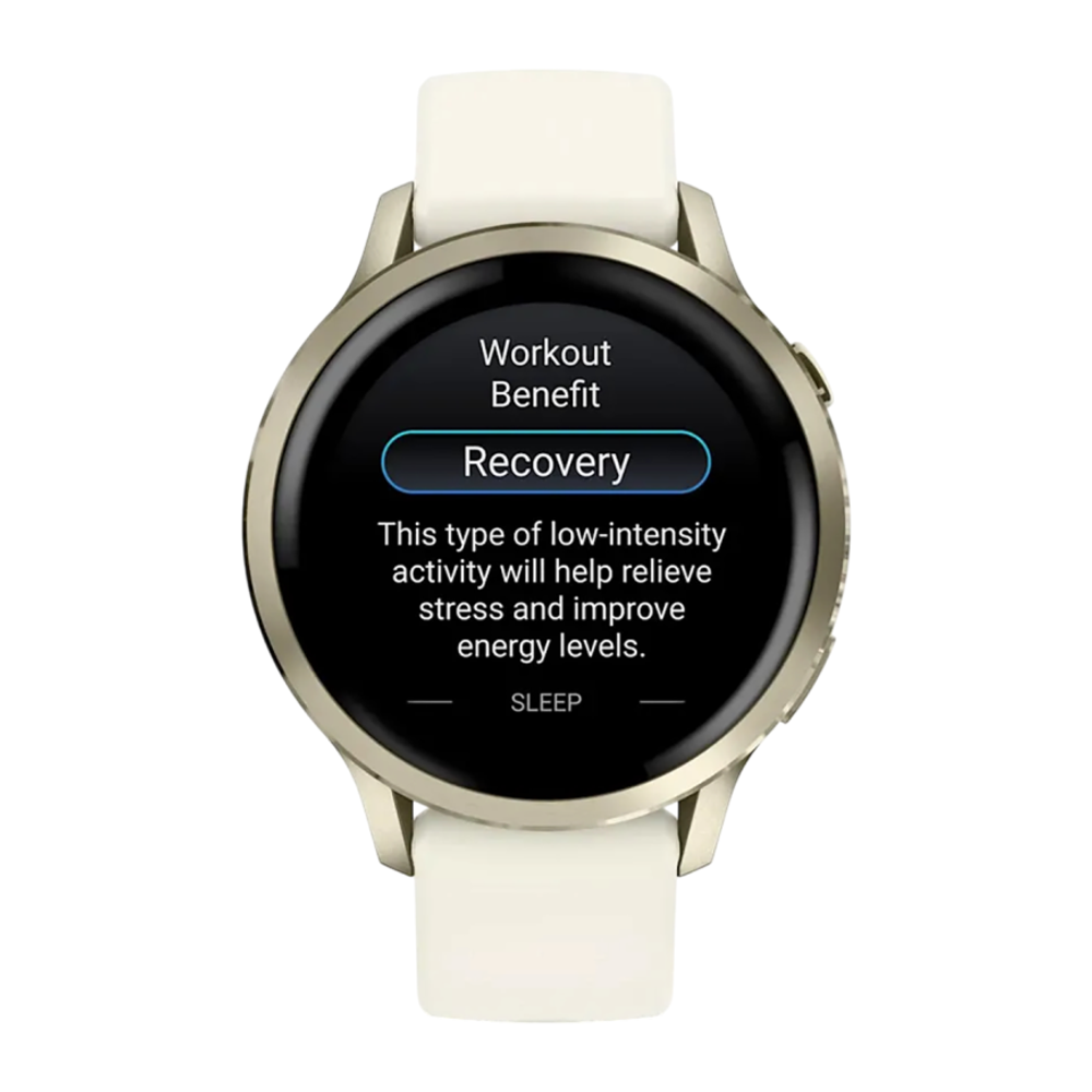 Спортивные часы Garmin Venu 4, 41 мм, силиконовый ремешок цвета кости Безель из нержавеющей стали цвета «лунное золото», корпус цвета «лунное золото», AMOLED-дисплей со стеклом Gorilla Glass. Ремешок с классической застёжкой — на запястье обхватом 110–175