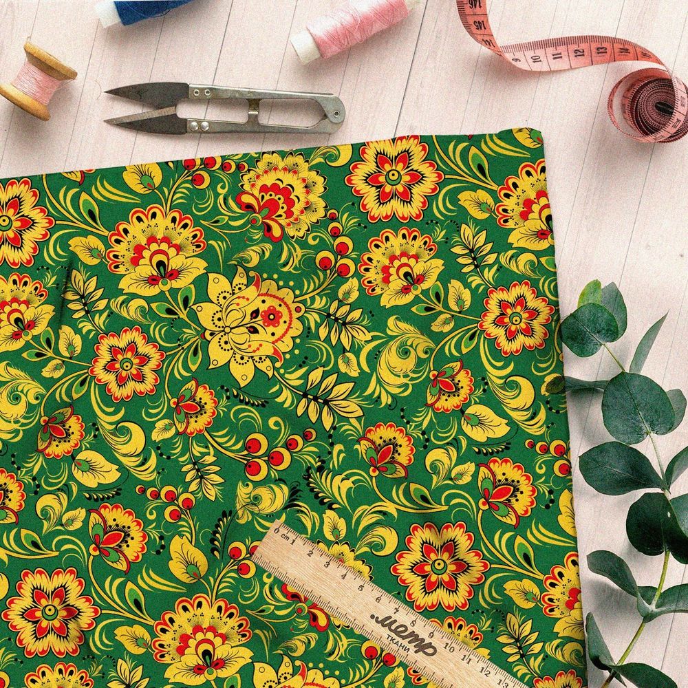 Ткань габардин хохлома на зелёном