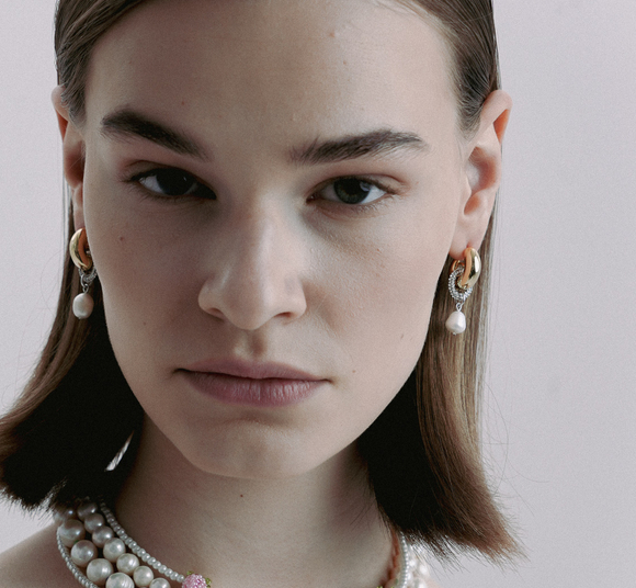 Серьги-полукруг, россыпь цирконов, жемчужина