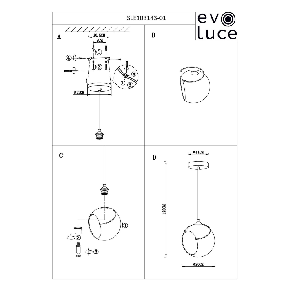 SLE103143-01 Подвес Черный/Белый E27 1*60W