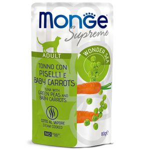 Пауч Monge Supreme Adult cat для взрослых кошек, тунец с зелёным горошком и мини-морковью
