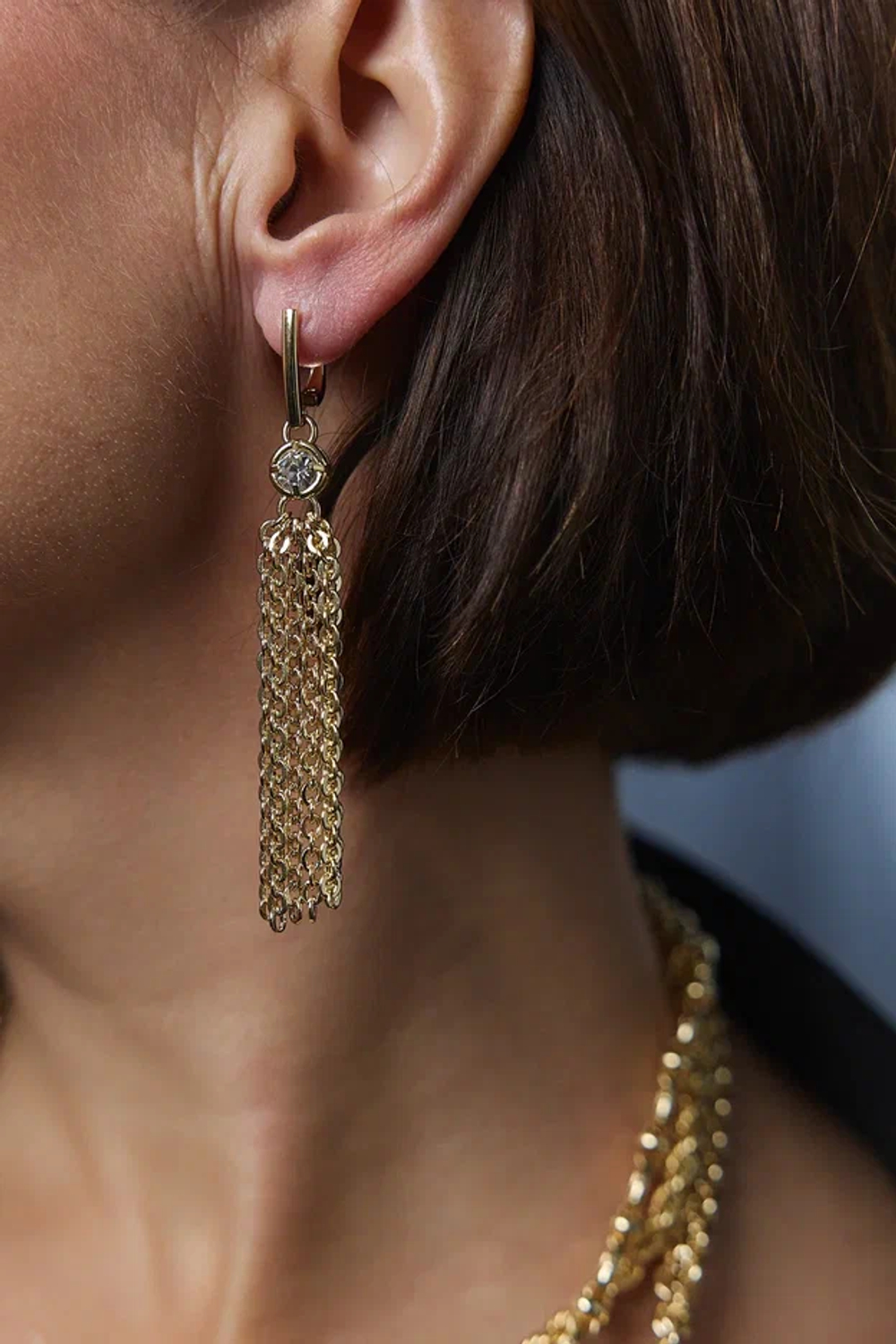 Серьги кисти "Богема" с цирконами, оттенок золото