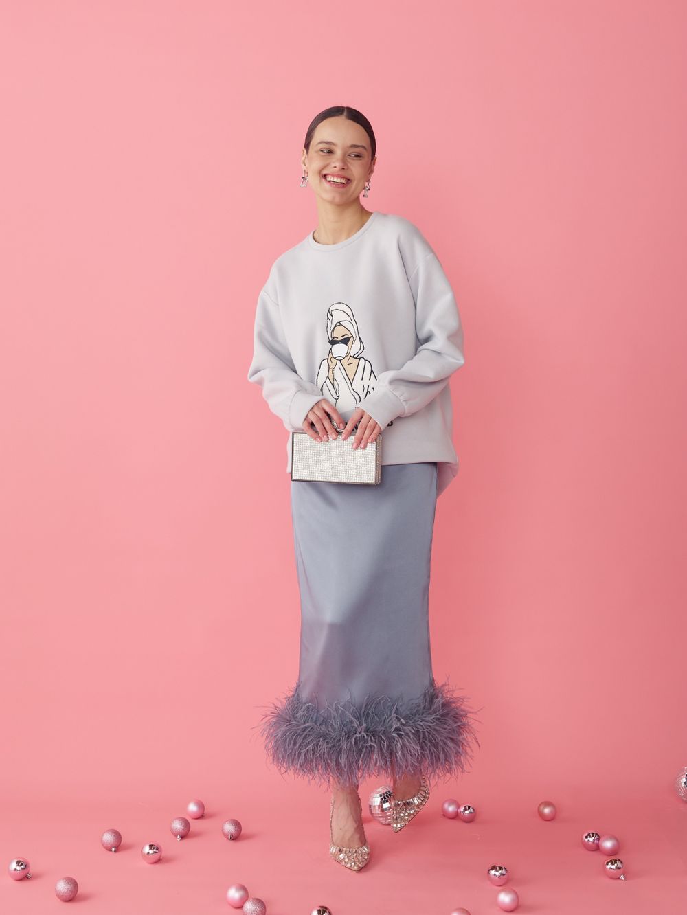 ЮБКА САТИНОВАЯ С ПЕРЬЯМИ GREY