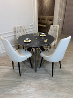 Круглый раздвижной стол "Бонжур", керамогранит, черный мрамор и стулья "Лондон"