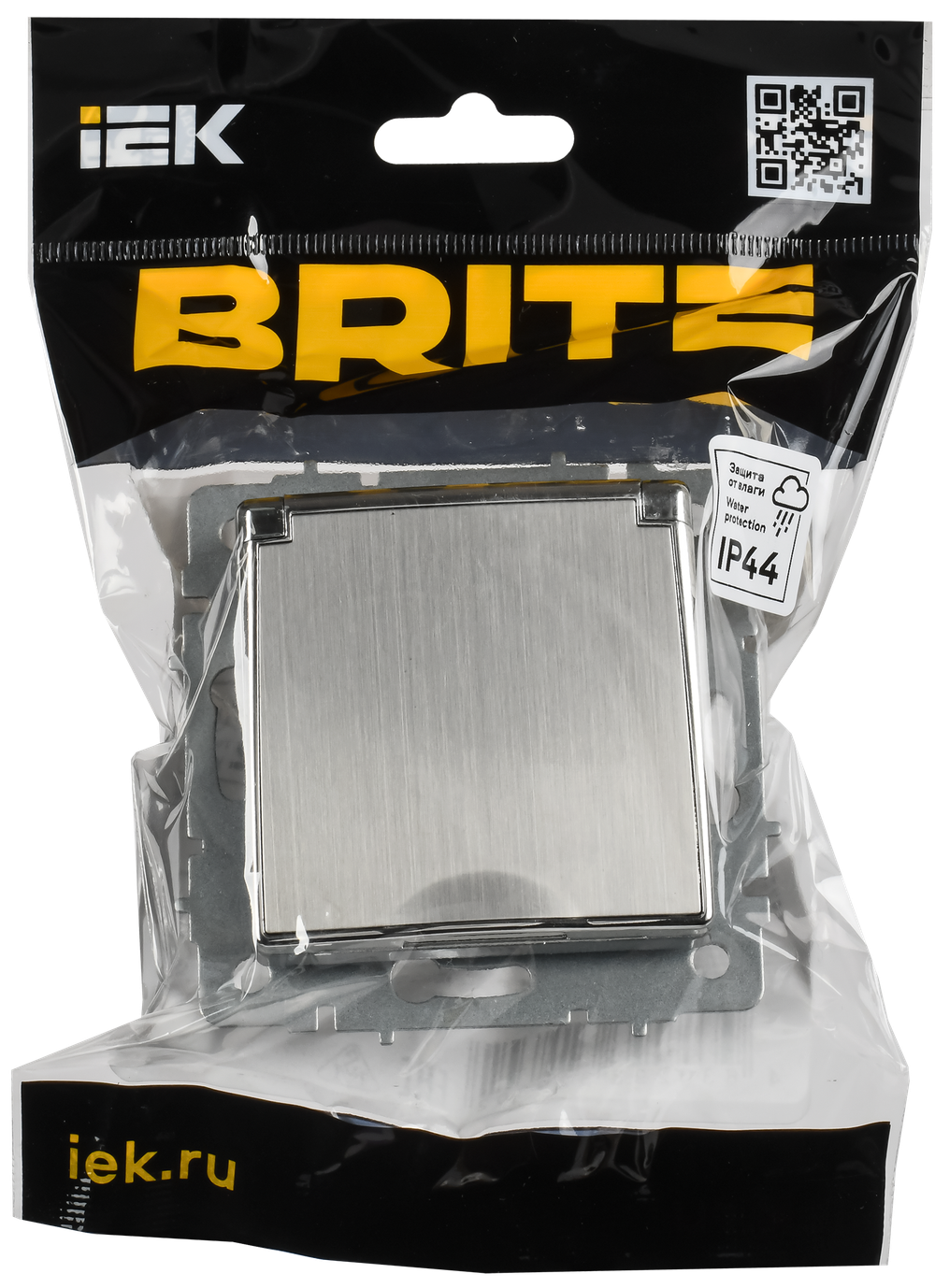 BRITE Розетка 1-местная с заземлением с защитными шторками и крышкой 16А IP20 РСбш10-3-БрГН металл хром/никель IEK