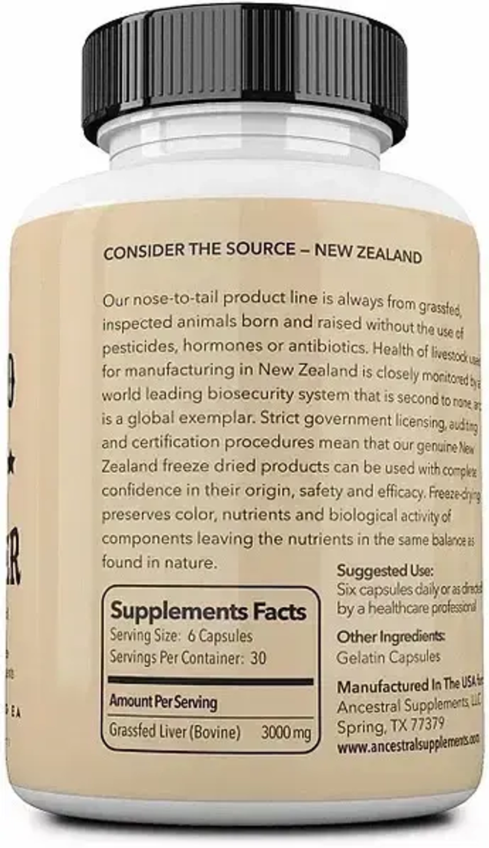 Ancestral Supplements - Grass fed Beef Liver 180 capsules 500mg