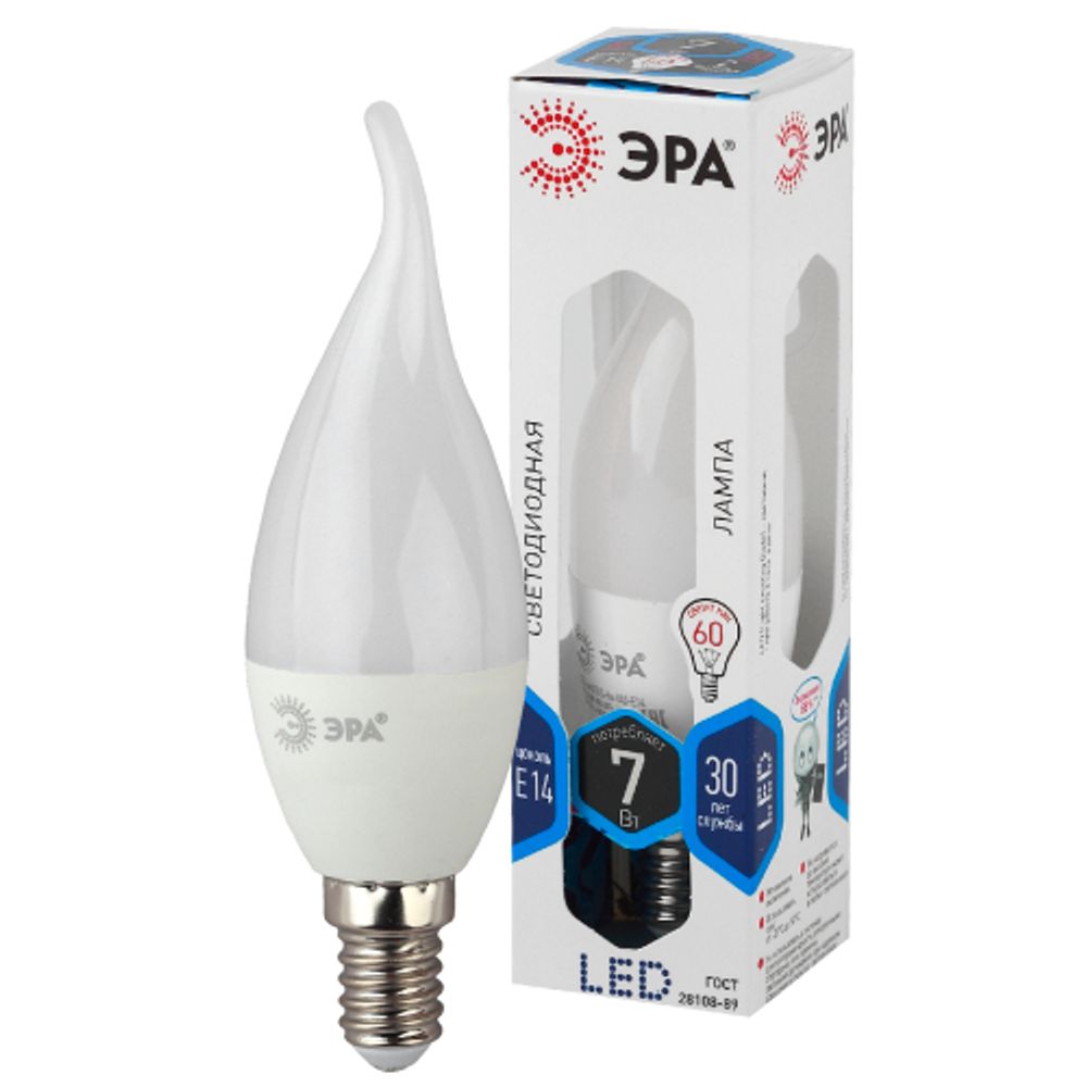 Лампа светодиодная ЭРА STD LED BXS-7W-840-E14 7Вт свеча на ветру нейтральный белый свет Е14 | Лампы cветодиодные Свеча (B/C)