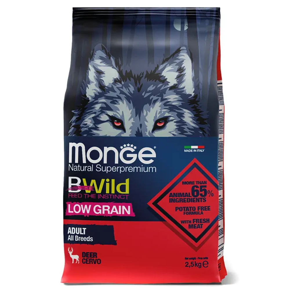 Сухой корм Monge Dog BWild LOW GRAIN для взрослых собак, низкозерновой, из мяса оленя 2,5 кг