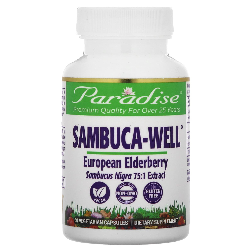 Paradise Herbs, Sambuca-Well, европейская бузина, 250 мг, 60 вегетарианских капсул