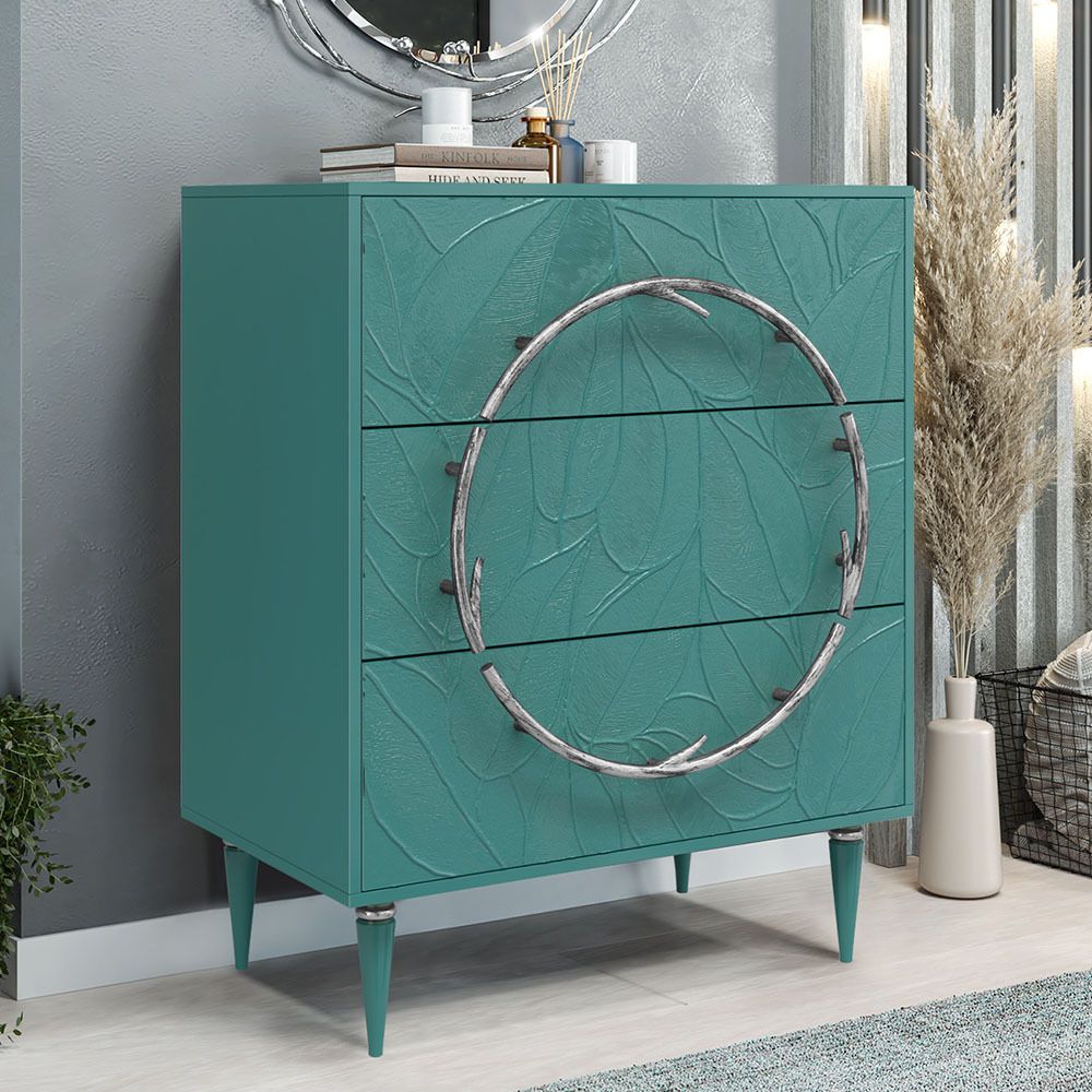 Комод Арт Колор leaves Классик Сильвер с 3 ящиками Пастельно-синий