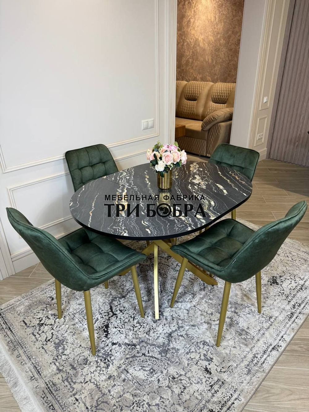 Круглый раздвижной стол "Лофт", луанда и стулья "Бостон" оливковый